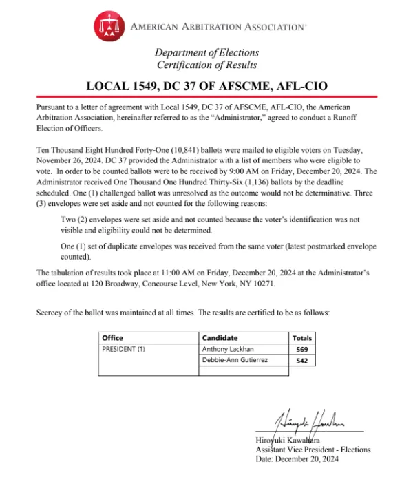 Letter from the American Arbitrators Association confirming the results of runoff elections